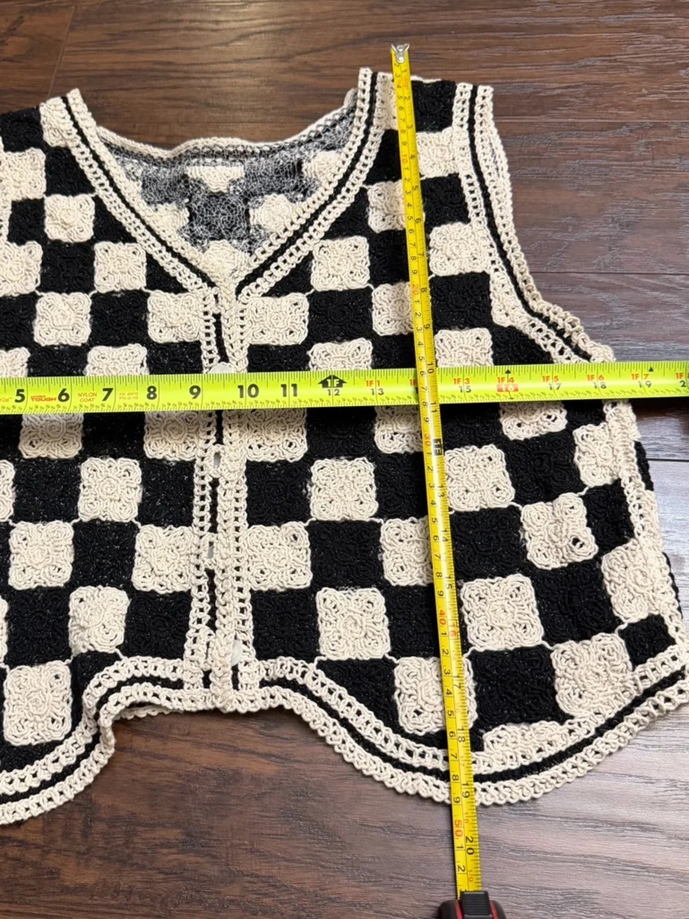 Crochet Checkerboard patterned Vest in Black & Cream - Picture 3 of 4